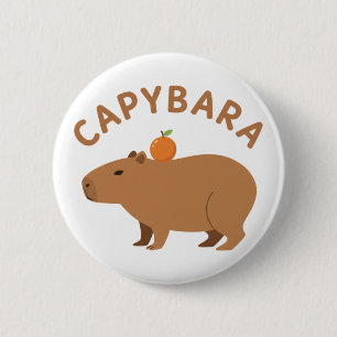 Cute Capybara With Orange On Head Minimalist Meme Button
