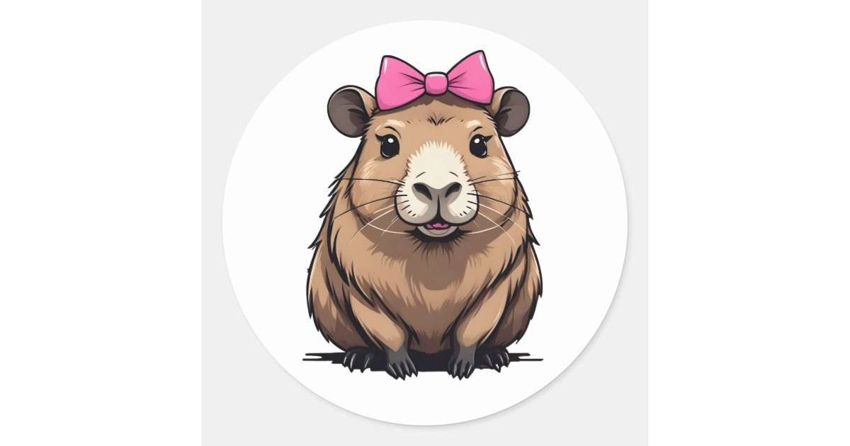 Cute Capybara with Pink Ribbon Bow Women Girls Classic Round Sticker ...