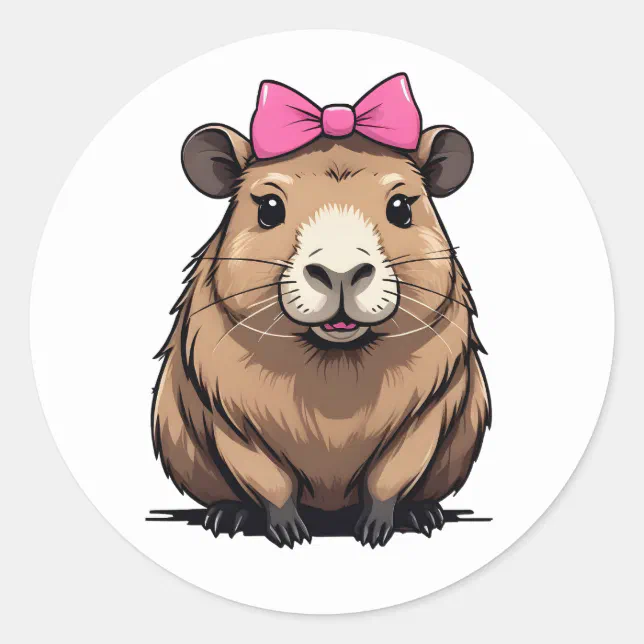 Cute Capybara with Pink Ribbon Bow Women Girls Classic Round Sticker ...