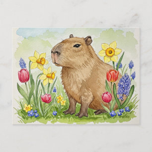 Cute Capybara with Spring Flowers Postcard