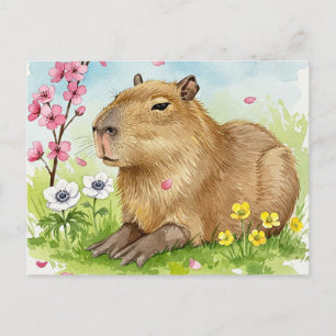Cute Capybara with Spring Flowers Postcard