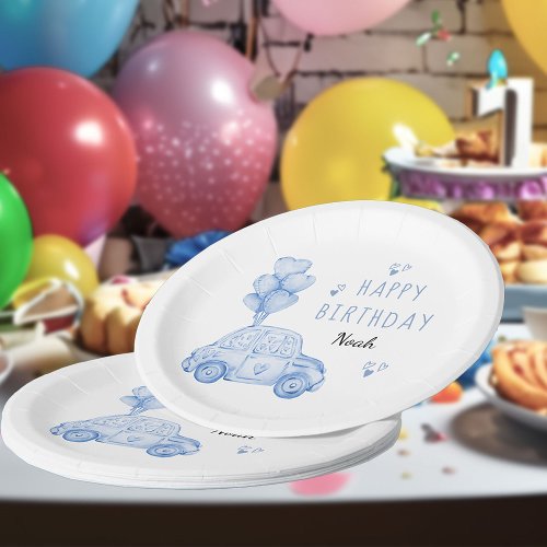 Cute Car and Heart Balloons Blue Birthday Party Paper Plates
