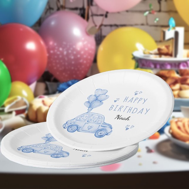Cute Car and Heart Balloons Blue Birthday Party Paper Plates (Party Plates - from my Car and Balloons Valentine Birthday Collection)