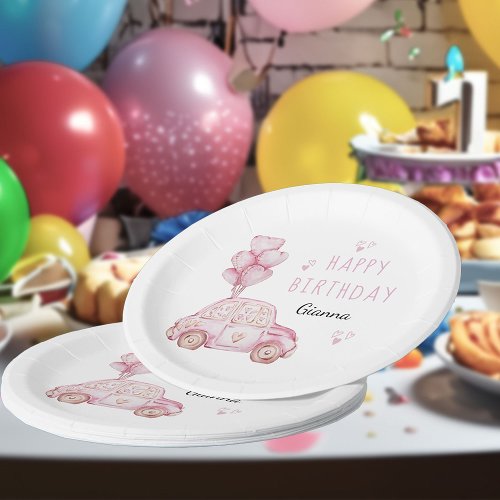 Cute Car and Heart Balloons Pink Birthday Party Paper Plates