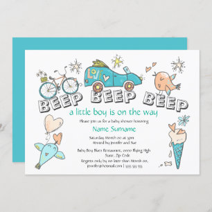Cute car baby shower transport travel blue orange invitation