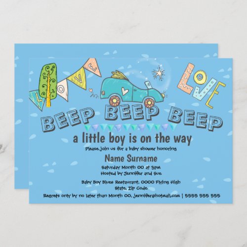 Cute car baby shower transport travel blue yellow invitation