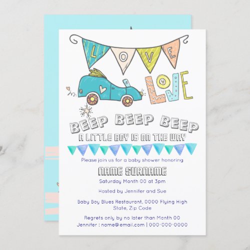 Cute car baby shower transport travel boys flags invitation