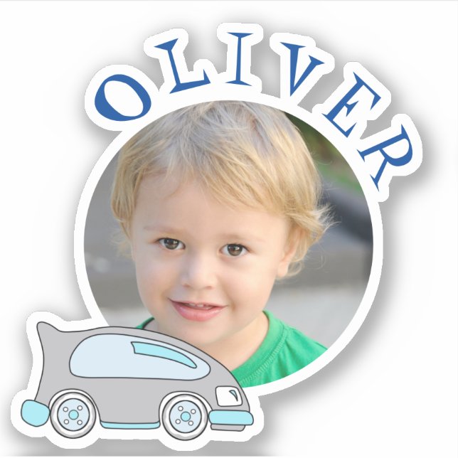 Cute Car Blue Round Frame Name and Photo Kids Sticker (Front)