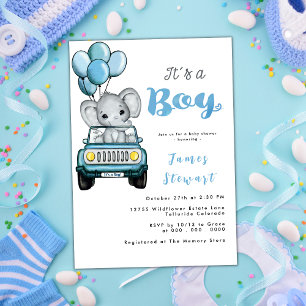 Cute Car Boy's Elephant Watercolor Baby Shower Invitation