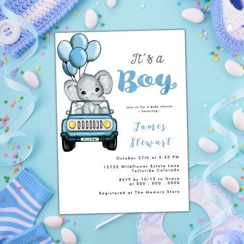 Cute Car Boys Elephant Watercolor Baby Shower Invitation