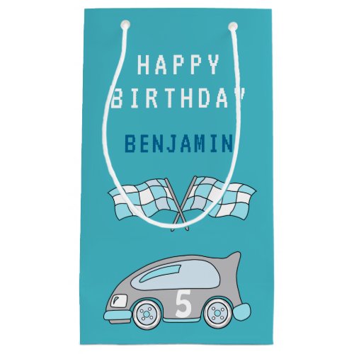 Cute Car Flag Happy Birthday Kid`s Name Small Gift Bag - Cute Car Flag Happy Birthday Kid`s Name Small Gift Bag. This personalizable happy birthday gift bag for children comes with a simple gray and blue racing car and two white and blue racing flags. The gift bag has a child`s name and the age number on the car. Personalize it with your name and age. It`s a perfect gift bag for a boy` birthday.