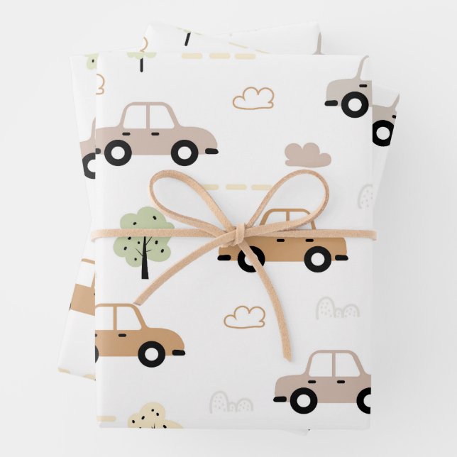 Cute Car Pattern Boys Wrapping Paper Sheets (In situ)