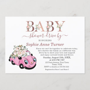Cute Car Pink Floral Girl Baby Shower Drive By Invitation