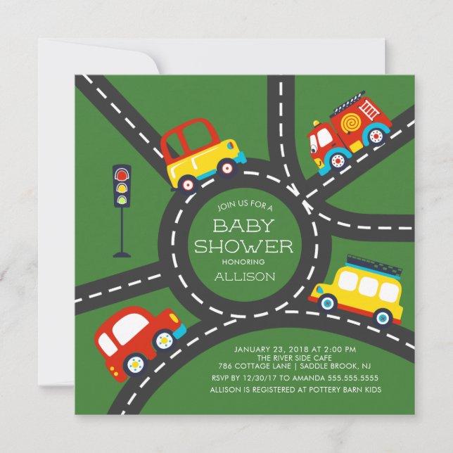 Cute Car Roadway Boys Baby Shower Invitation (Front)