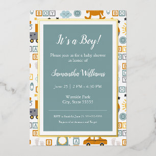Cute Car Toy Pattern Boy Teal Baby Shower Gold Foil Invitation