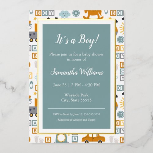 Cute Car Toy Pattern Boy Teal Baby Shower Gold Foil Invitation