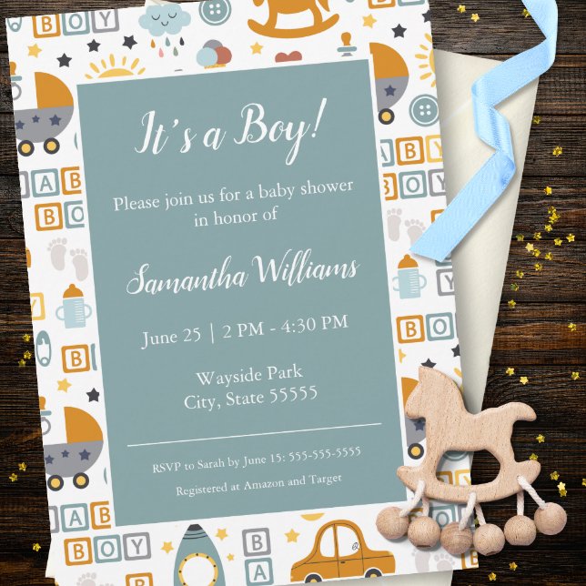 Cute Car Toy Pattern Boy Teal Baby Shower Invitation