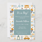 Cute Car Toy Pattern Boy Teal Baby Shower Invitation (Front)