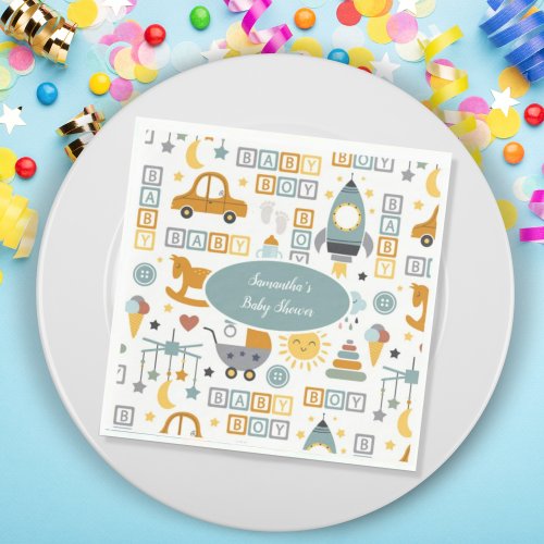 Cute Car Toy Pattern Boy Teal Baby Shower Napkins