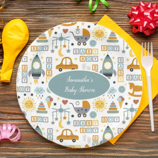 Cute Car Toy Pattern Boy Teal Baby Shower Paper Plates (Creator Uploaded)