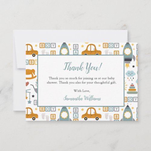 Cute Car Toy Pattern Boy Teal Baby Shower Thank You Card
