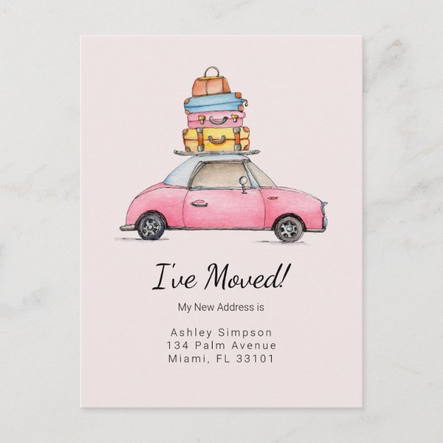Cute Car with Luggage 'I've Moved'  Postcard (Front)