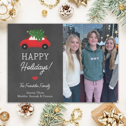 Cute Car With Tree Happy Holidays Photo Chalkboard Holiday Card