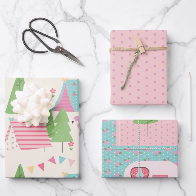Cute caravans tents and trees Glamping Wrapping Paper Sheets (Front)