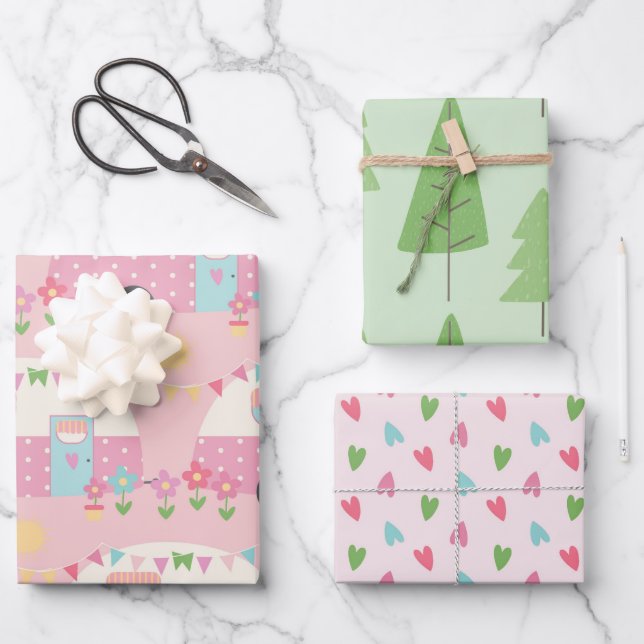 Cute caravans trees and heart patterned  wrapping paper sheets (Front)