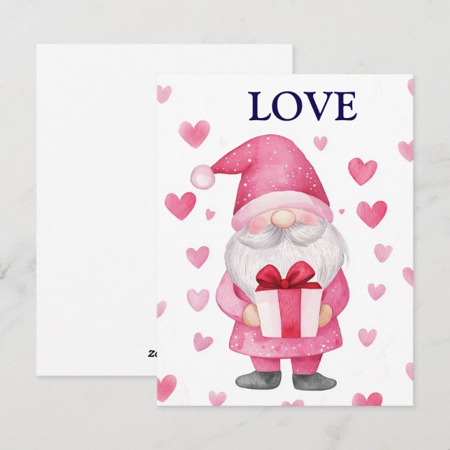 cute card with a cartoon pink gnome in love  (Front/Back)