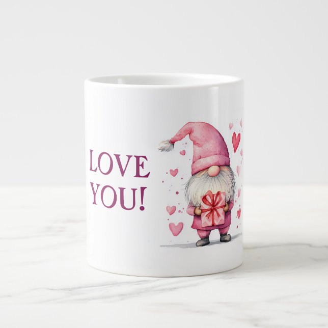 cute card with a cartoon pink gnome in love giant coffee mug (Front)