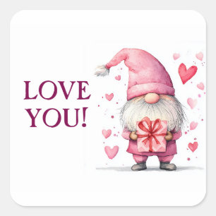 cute card with a cartoon pink gnome in love square sticker
