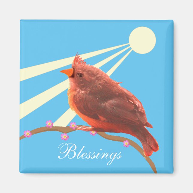 Cute Cardinal Bird on Light Blue Magnet (Front)