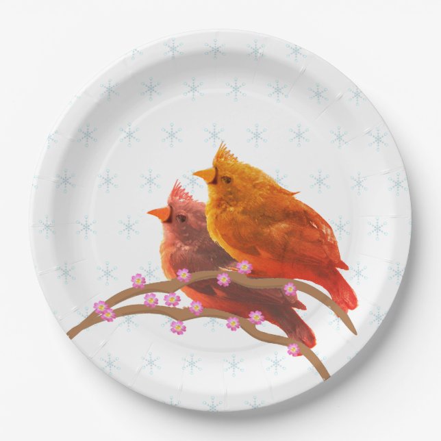 Cute Cardinal Birds and Snowflakes Paper Plates (Front)