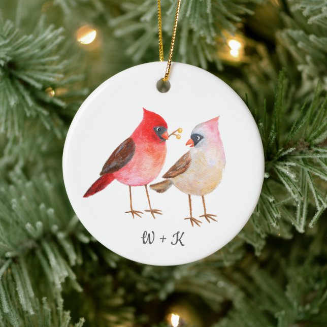 Cute Cardinal Giving Gifts Couple Custom Christmas Ceramic Ornament (Tree)