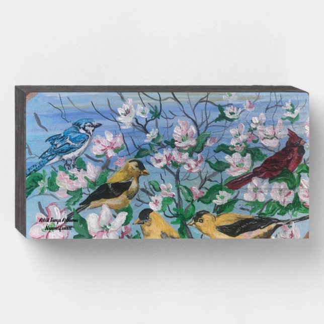 Cute CARDINAL Reds & Back yard Birds Wooden Box Sign (Front Horizontal)