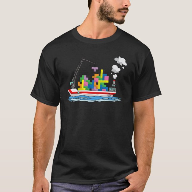 Cute Cargo Ship Blocks   Toy Boat Brick Puzzle T-Shirt (Front)