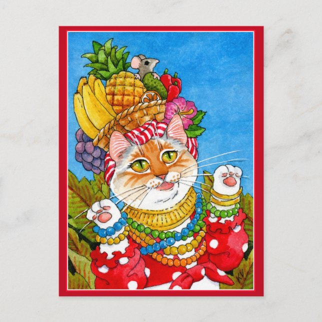 Cute Carmen Miranda cat fantasy postcard (Front)