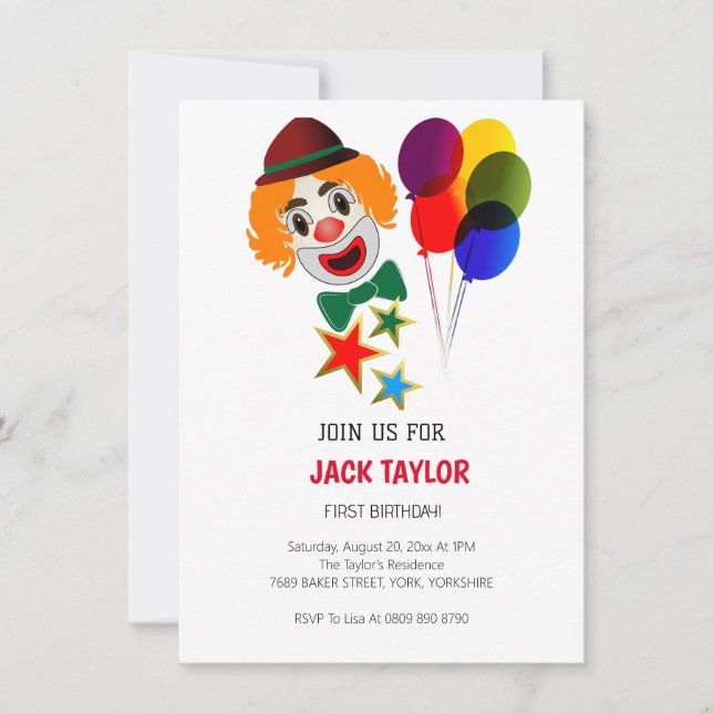 Cute Carnival Circus Clown First Birthday Kids  Invitation (Front)