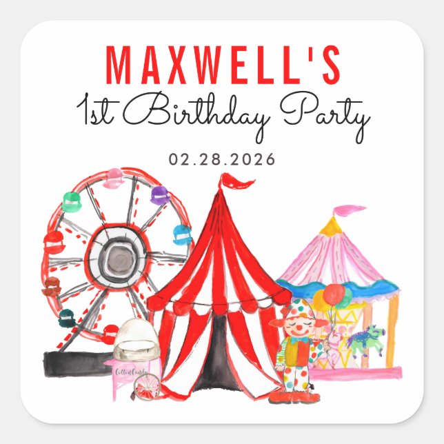 Cute Carnival Circus Festival Show Kids Birthday Square Sticker (Front)