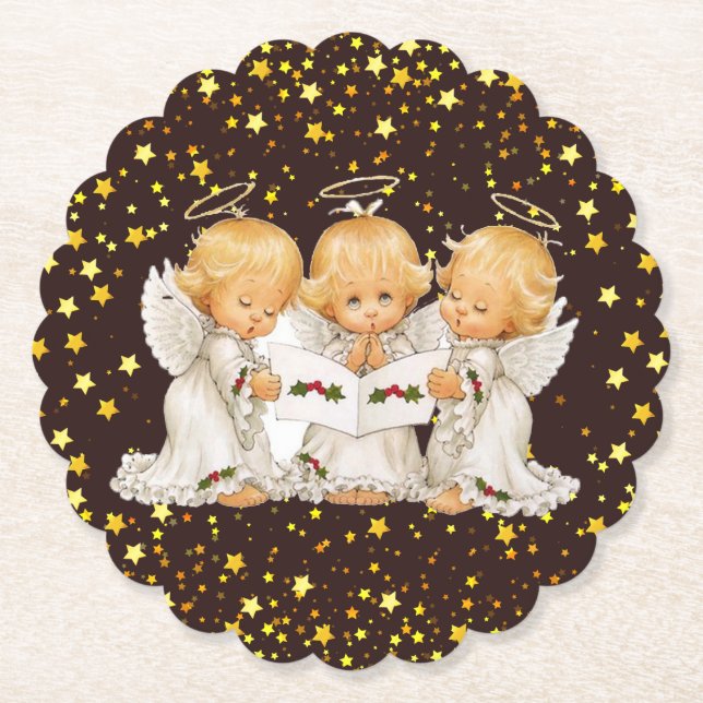 Cute Caroling Angels Paper Coaster (Front)