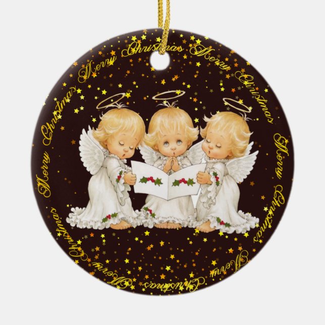 Cute Caroling Angels Premium Ceramic Ornament (Front)