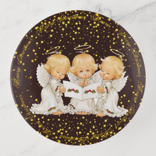 Cute Caroling Angels Round Trinket Trays