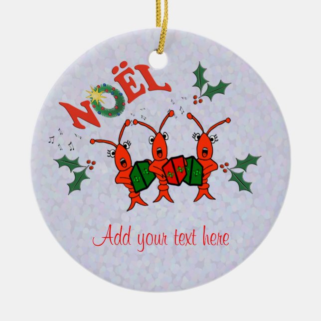 Cute Caroling Crawfish Lobster Christmas Ceramic Ornament (Front)