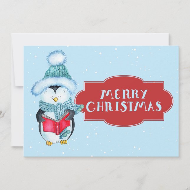 Cute Caroling Penguin Christmas Holiday Card (Front)