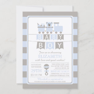Cute Carriage Bear Boy Baby Shower Invitation