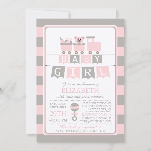 Cute Carriage Bear Girls Baby Shower Invitation