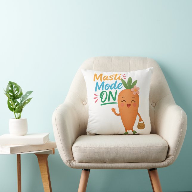 Cute Carrot Masti Mode ON Throw Pillow Fun Cartoon (Chair)