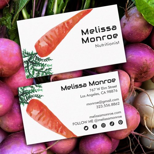 Cute Carrot Watercolor Healthy Chef w Social Icons Business Card