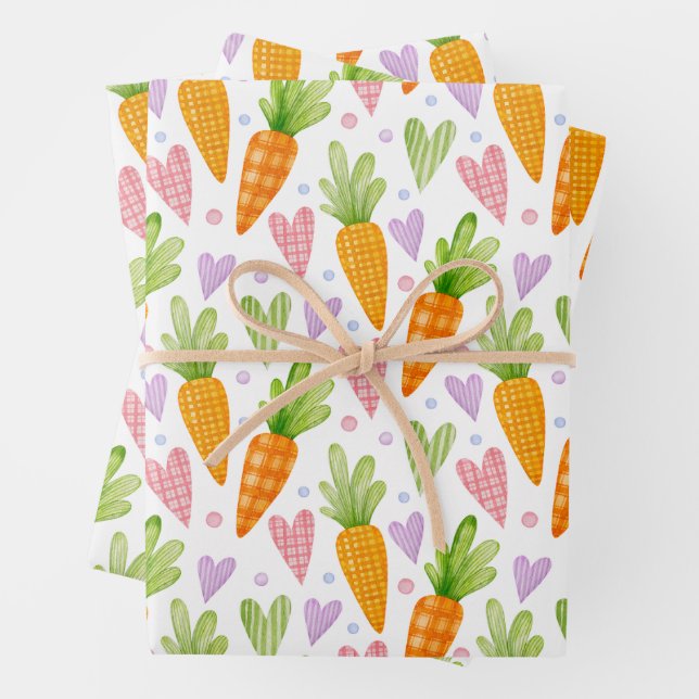 Cute Carrots and Hearts Wrapping Paper Sheets (In situ)